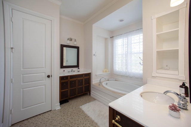 bathroom with a tub to relax in, crown molding, tile patterned flooring, and vanity