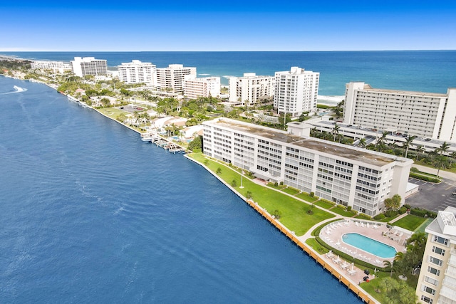 bird's eye view with a water view