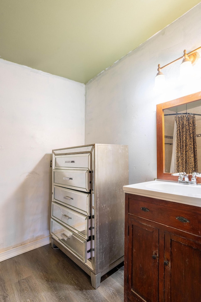 bathroom with wood-type flooring and vanity