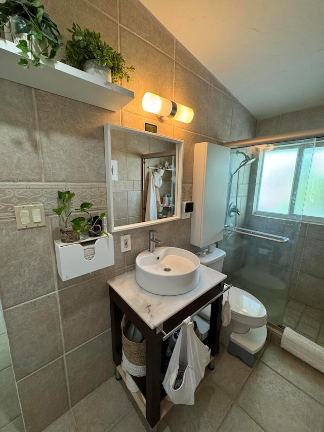 bathroom with vanity, vaulted ceiling, walk in shower, tile walls, and toilet