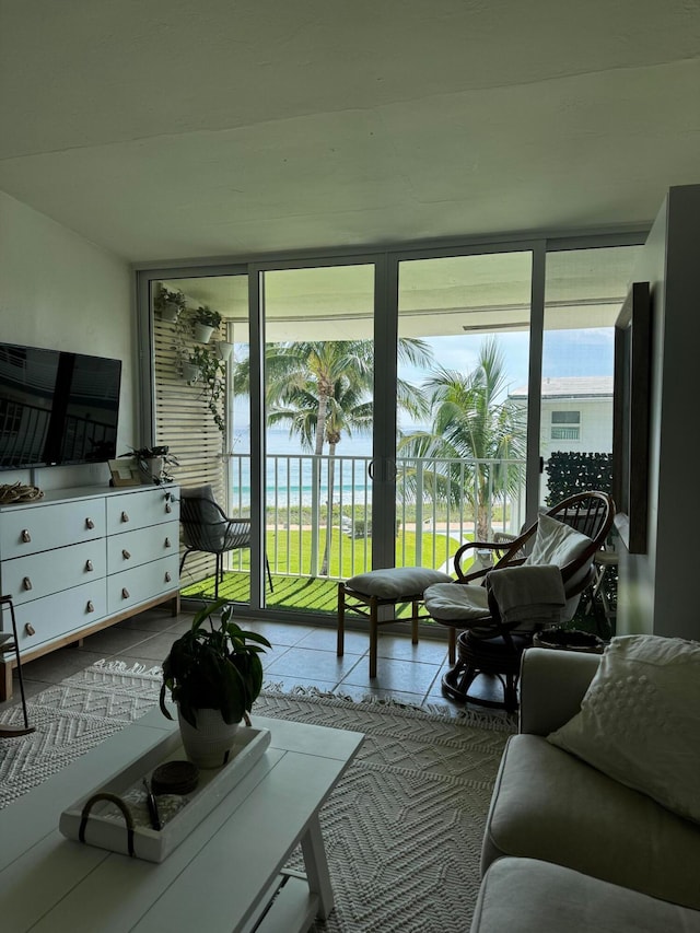 living room featuring a wealth of natural light and light tile patterned flooring