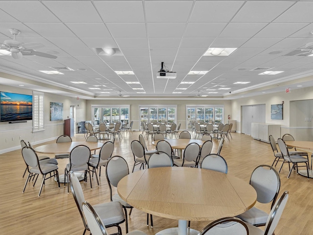 dining space featuring ceiling fan, a drop ceiling, and light hardwood / wood-style flooring