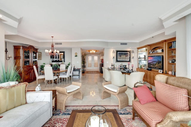 living room featuring light tile patterned flooring, french doors, a notable chandelier, and crown molding