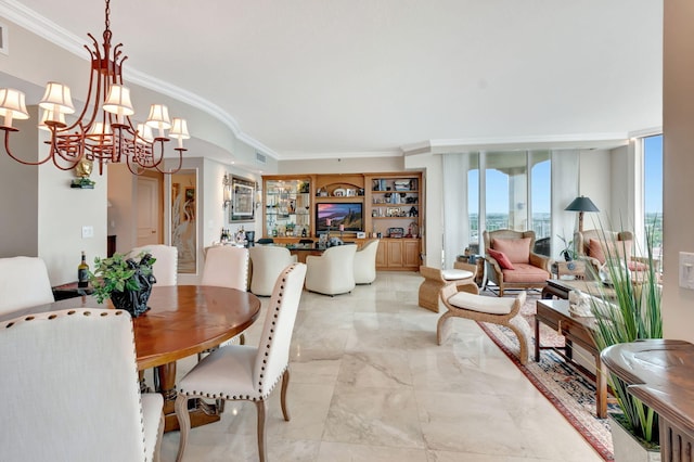 dining room with expansive windows, crown molding, and a chandelier