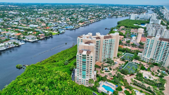 birds eye view of property featuring a water view