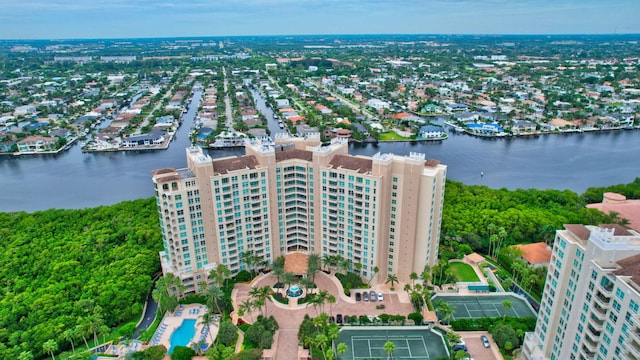 bird's eye view with a water view