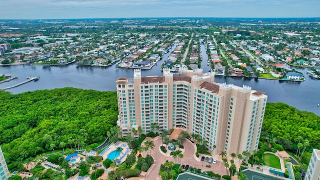 birds eye view of property featuring a water view