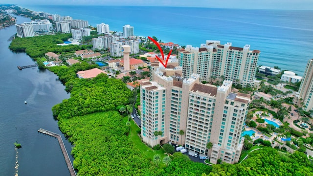 drone / aerial view featuring a water view