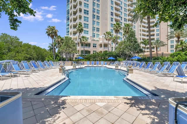 view of swimming pool with a patio area