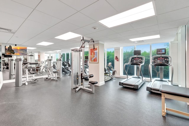 gym featuring a wall of windows and a paneled ceiling