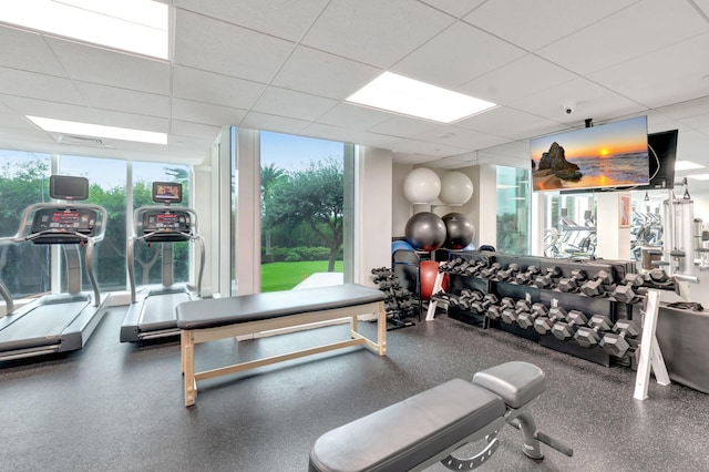 exercise room featuring a wall of windows and a paneled ceiling