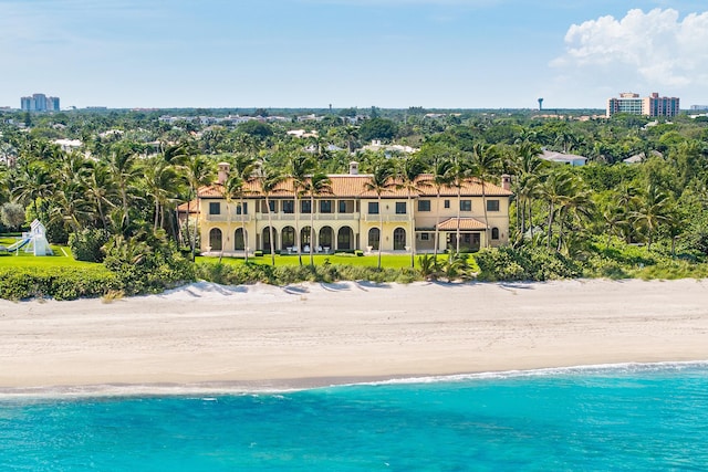 bird's eye view with a view of the beach and a water view