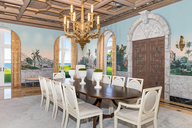 carpeted dining space with ornamental molding, a wealth of natural light, and coffered ceiling