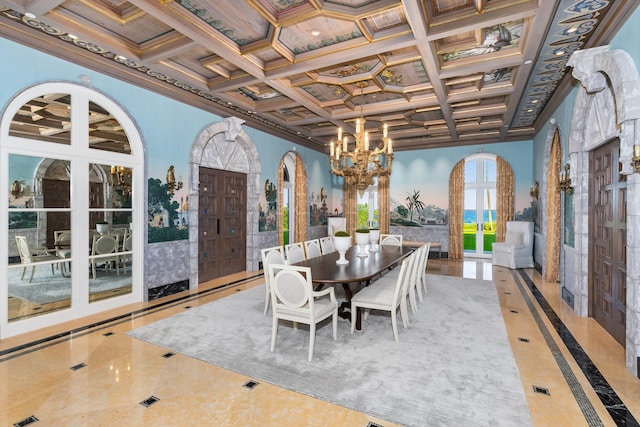 dining room featuring beam ceiling, an inviting chandelier, coffered ceiling, and ornamental molding