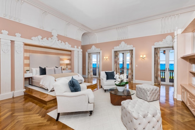 bedroom featuring access to exterior, parquet flooring, ornamental molding, and french doors