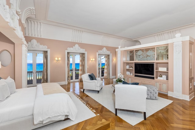 bedroom featuring parquet floors, french doors, a water view, and access to exterior