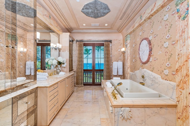 bathroom featuring vanity, crown molding, and tiled bath