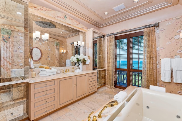 bathroom featuring a bath, vanity, and crown molding