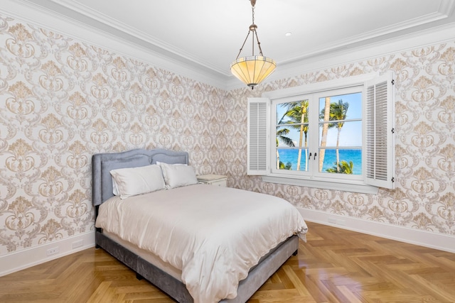 bedroom with light parquet flooring and ornamental molding