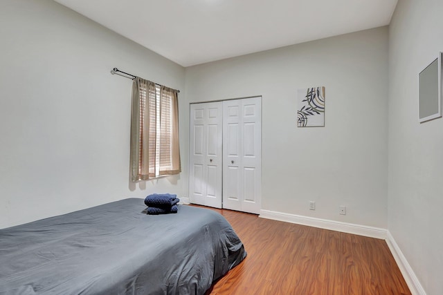 bedroom with wood-type flooring and a closet