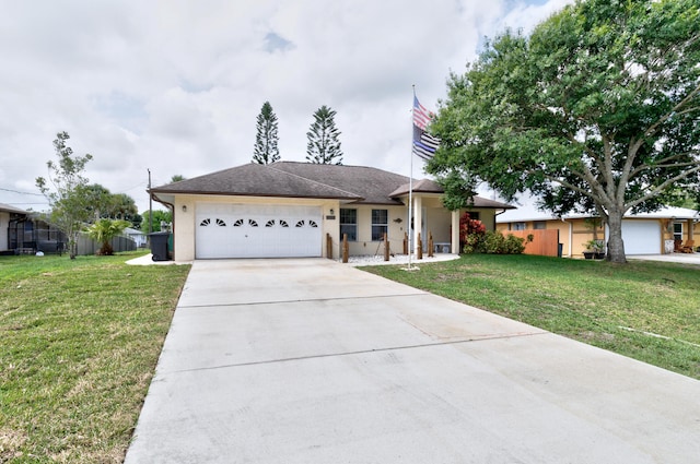 single story home featuring a garage and a front lawn