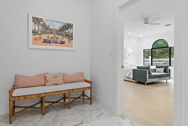 sitting room with marble finish floor, recessed lighting, visible vents, a ceiling fan, and baseboards