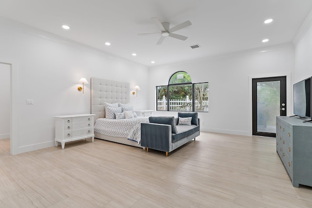 bedroom featuring access to outside, ceiling fan, crown molding, and light hardwood / wood-style floors