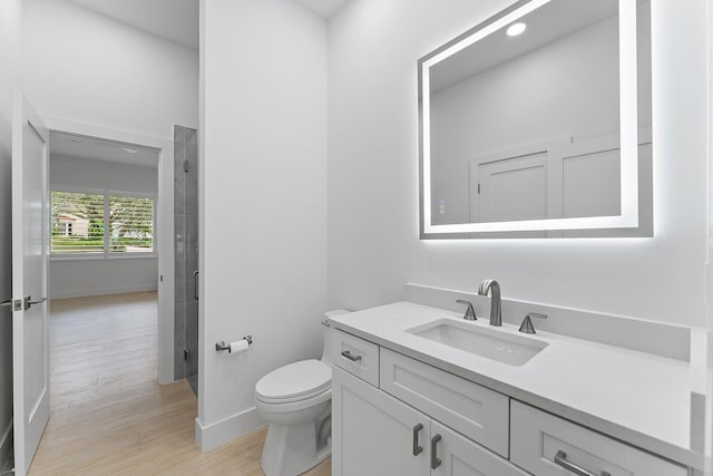 bathroom with vanity, wood-type flooring, and toilet