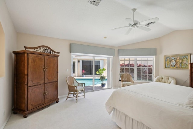 bedroom with vaulted ceiling, light colored carpet, access to exterior, and ceiling fan