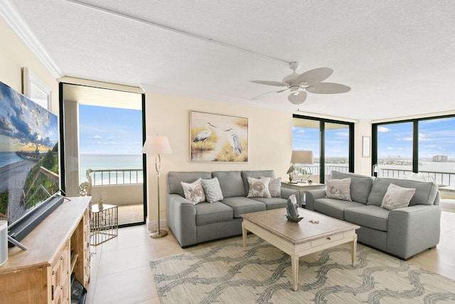 living area with a healthy amount of sunlight, crown molding, a ceiling fan, and expansive windows