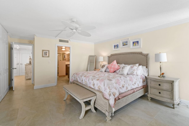 bedroom featuring ceiling fan, crown molding, and ensuite bathroom