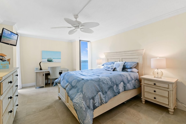 bedroom with ceiling fan, light tile patterned floors, baseboards, and ornamental molding