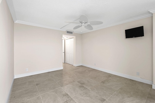 empty room featuring visible vents, baseboards, a ceiling fan, and crown molding