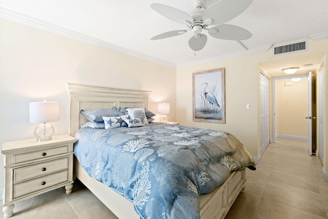 bedroom featuring ceiling fan, crown molding, and light tile patterned floors