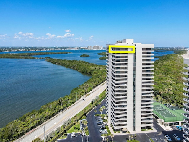 drone / aerial view with a water view