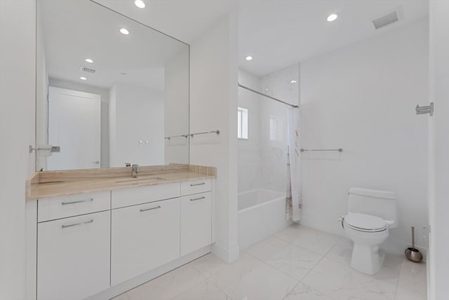 full bathroom with vanity, toilet, and shower / bath combination with curtain