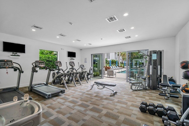 gym featuring light colored carpet