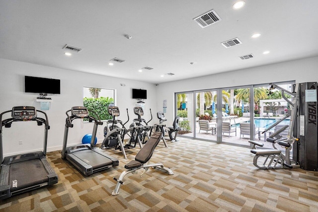 workout area featuring carpet