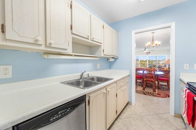 kitchen with stainless steel dishwasher, sink, pendant lighting, light tile patterned floors, and a chandelier