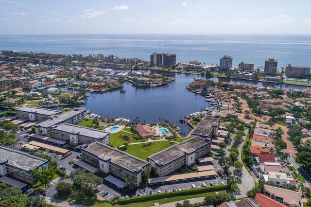 bird's eye view with a water view