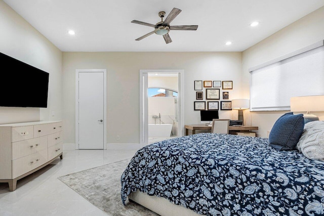 tiled bedroom with connected bathroom and ceiling fan