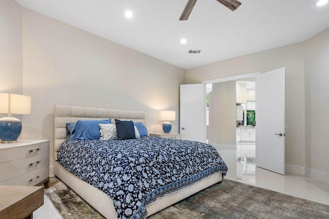 tiled bedroom with ceiling fan