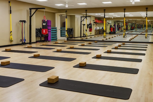 workout area with hardwood / wood-style floors and ceiling fan