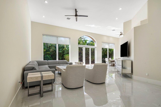 living room with ceiling fan