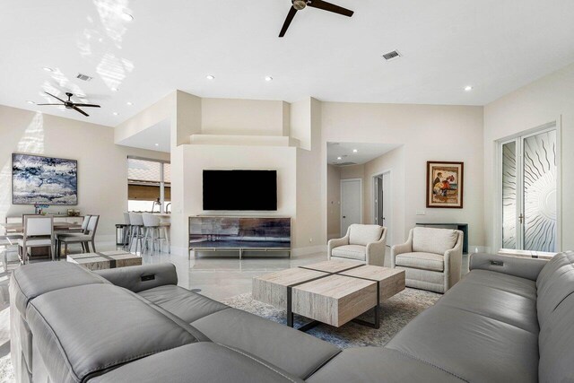 living room featuring ceiling fan