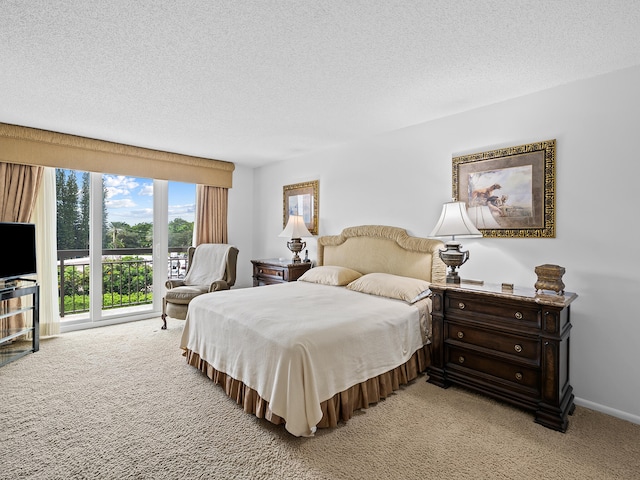 carpeted bedroom with a textured ceiling