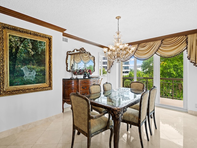 tiled dining space featuring an inviting chandelier, a healthy amount of sunlight, ornamental molding, and a textured ceiling