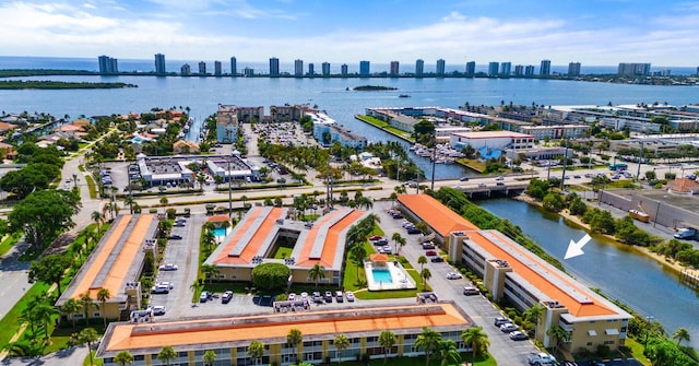 drone / aerial view featuring a water view