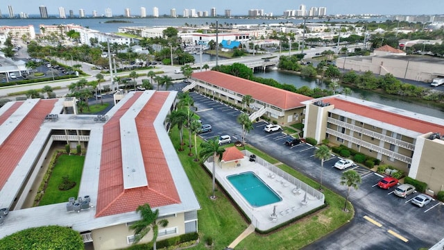 drone / aerial view with a water view