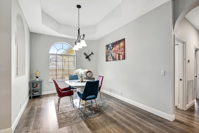 dining room with a tray ceiling and dark wood-type flooring